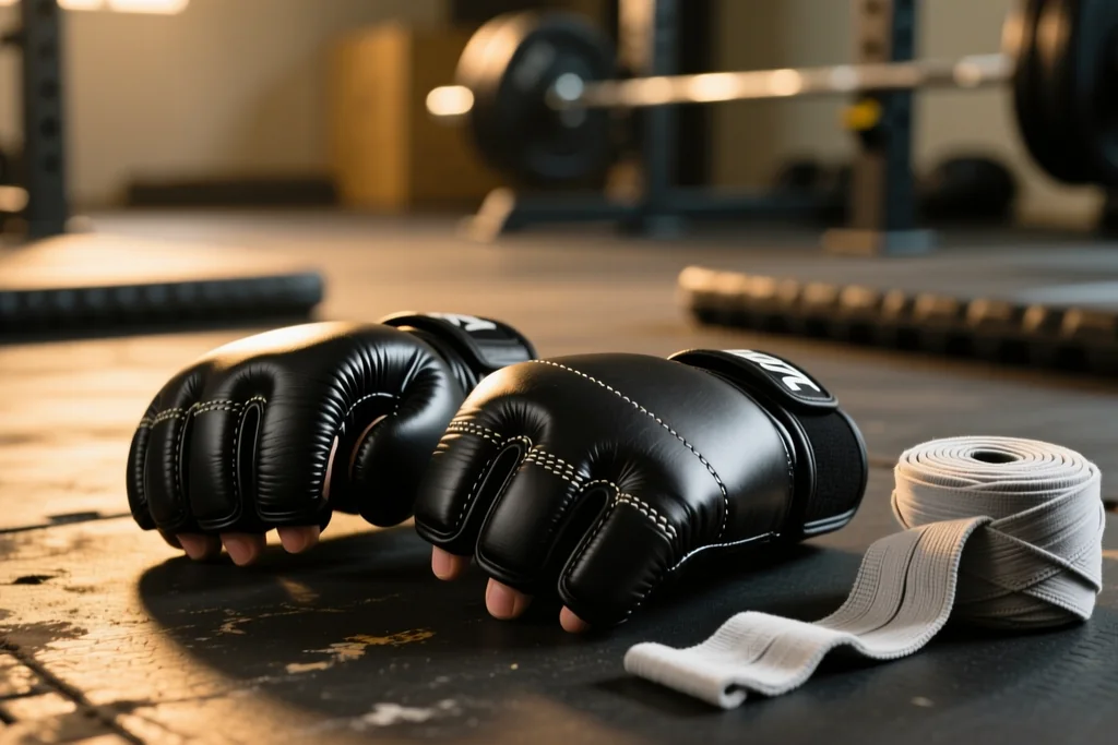Two MMA fighters trading punches at close range during a striking drill