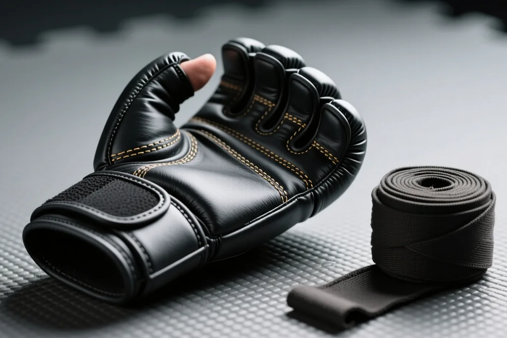 Open-finger MMA glove on a mat beside a roll of hand wraps