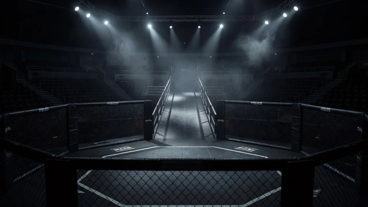 Empty MMA octagon lit by overhead spotlights before the walk-out finale