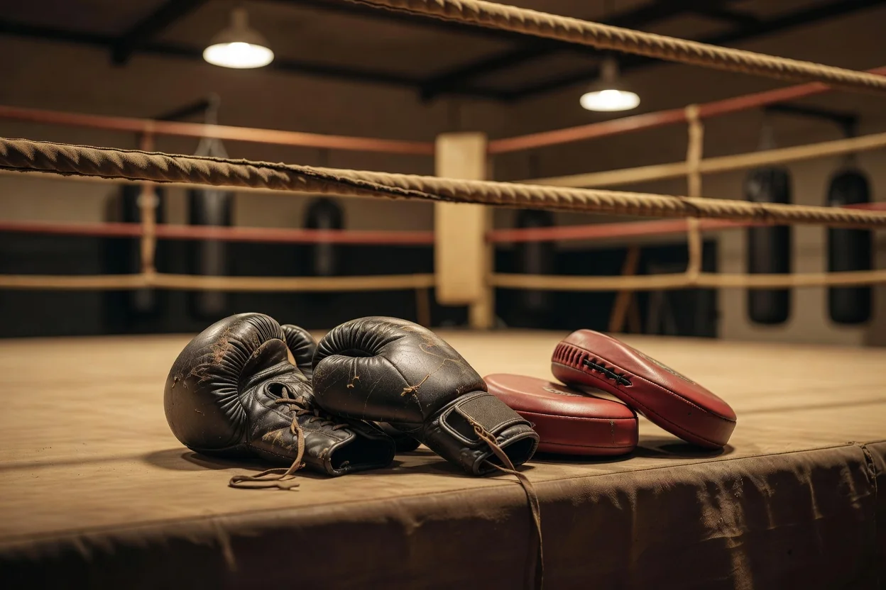 Boxing gloves and focus mitts resting on the edge of a training ring
