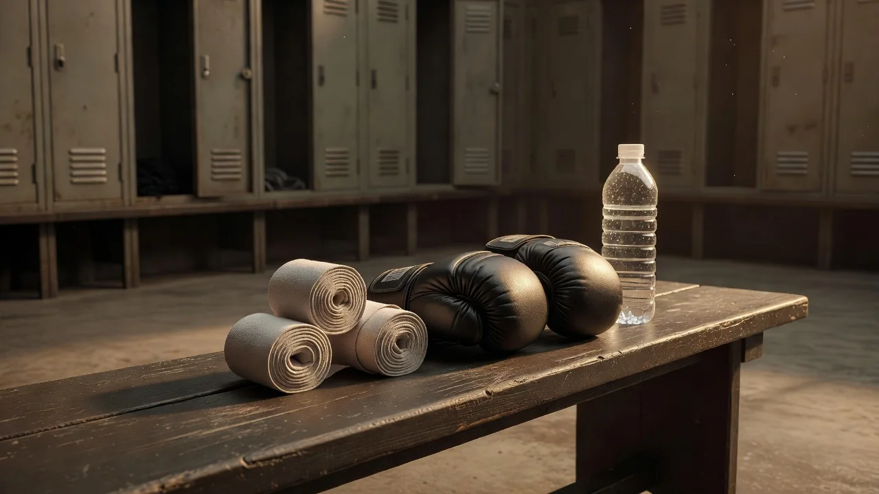Hand wraps, MMA gloves and a water bottle laid out on a gym bench
