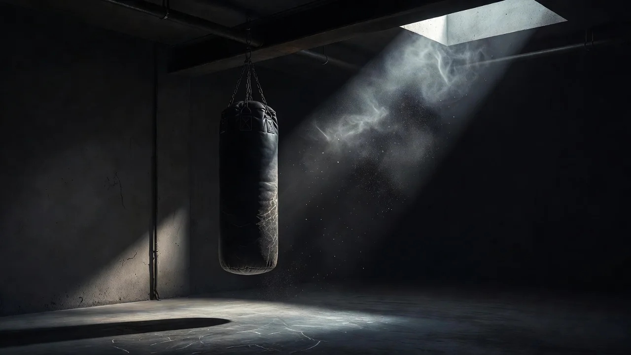Heavy punching bag hanging in a dimly lit fight gym