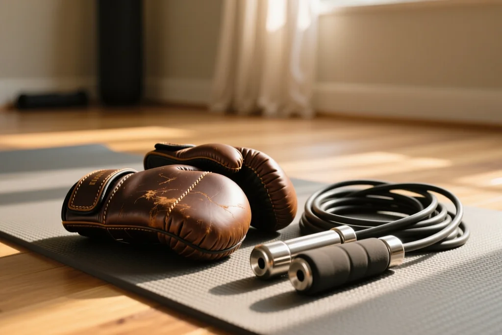 Focus mitts and a skipping rope on a mat at home
