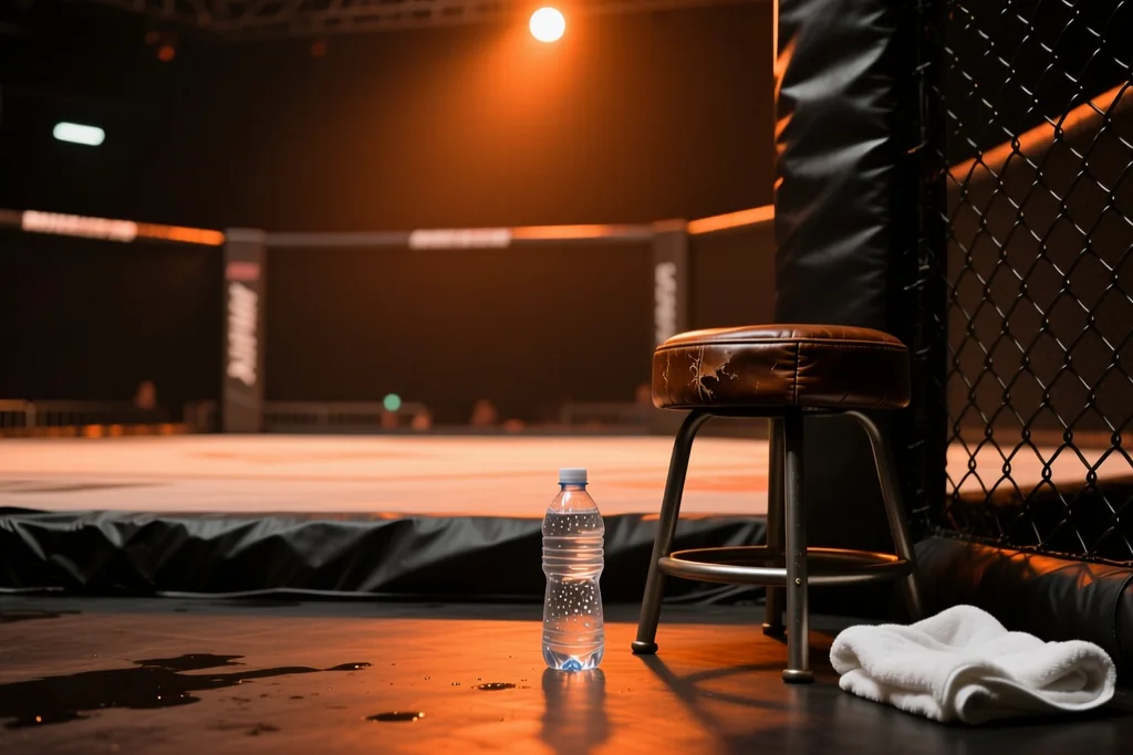 Welterweight champion working from a southpaw stance inside the cage