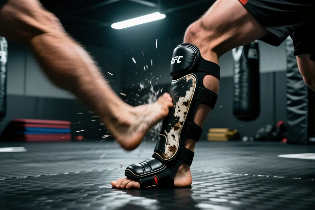 MMA fighter landing a low kick on an opponent's lead leg during training