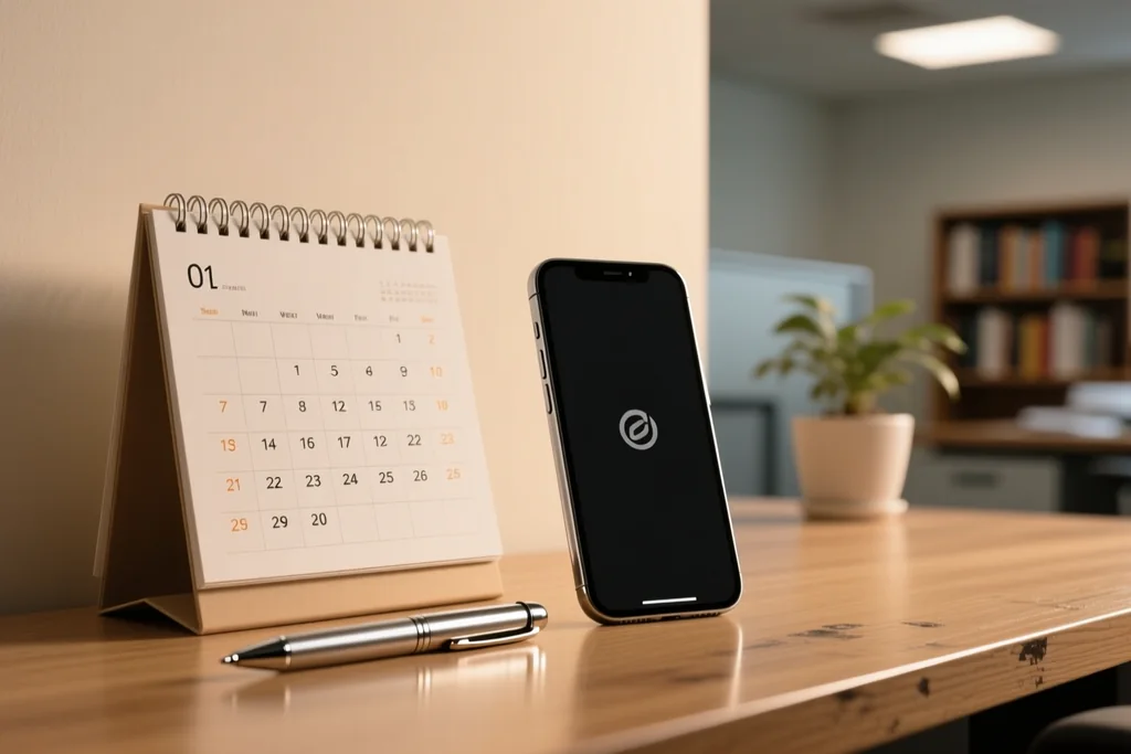 Wall calendar and pen on a desk
