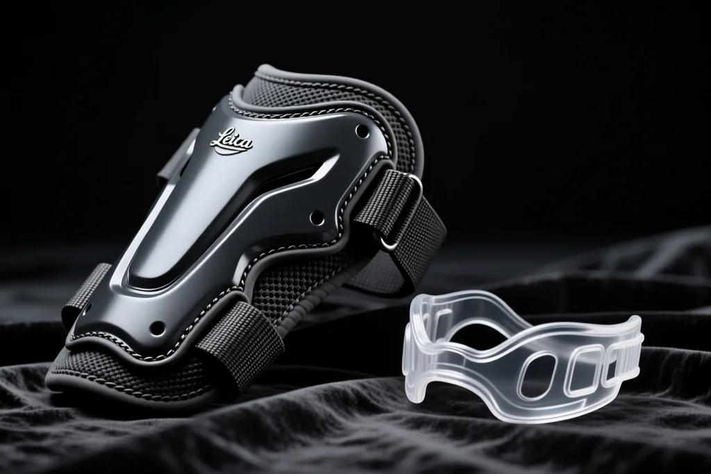 Shin guard strap detail with a mouthguard beside it