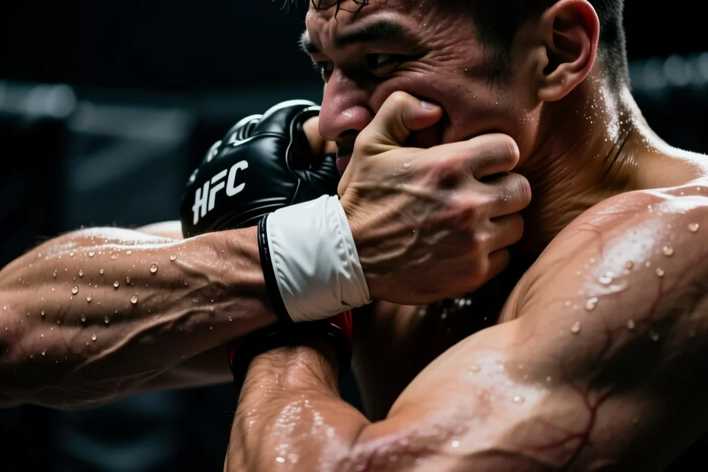 Two MMA fighters in a ground exchange with one controlling the other's back