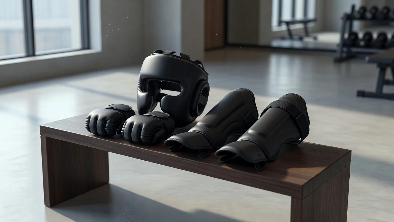 Protective MMA training gear: headguard, shin guards and gloves arranged on a bench