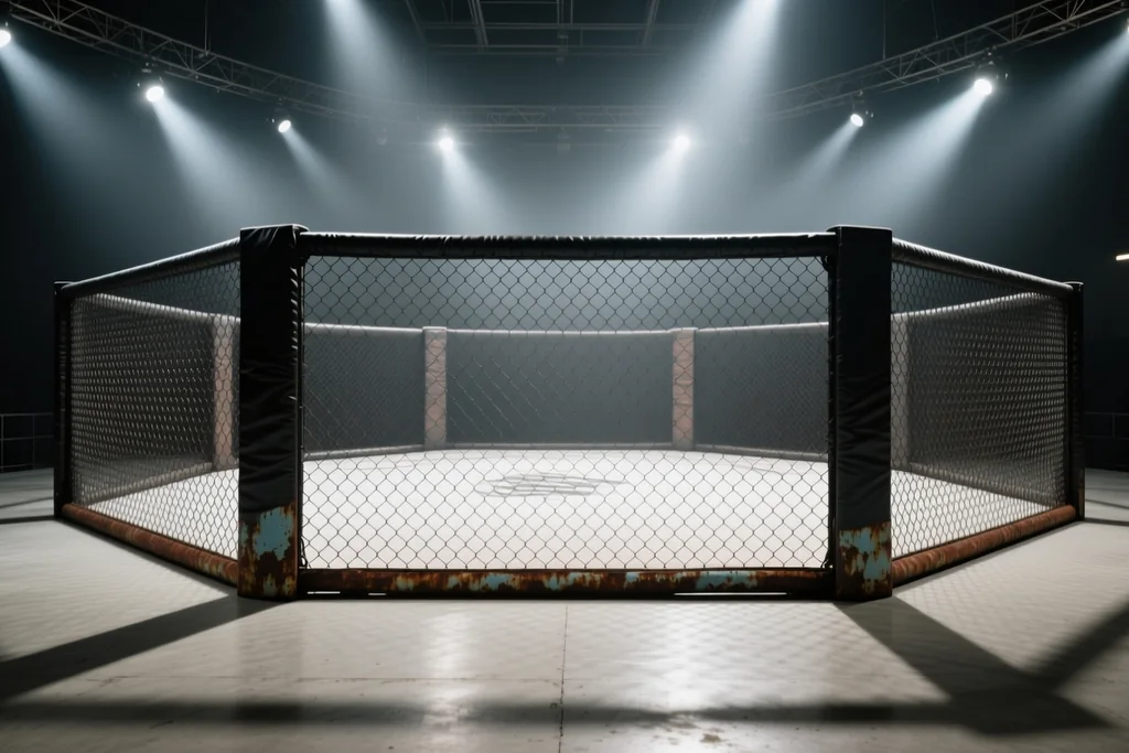 Championship belts lined up along the cage fence before a numbered UFC card