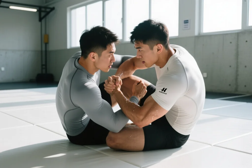 Two fighters in a wrestling exchange against the cage