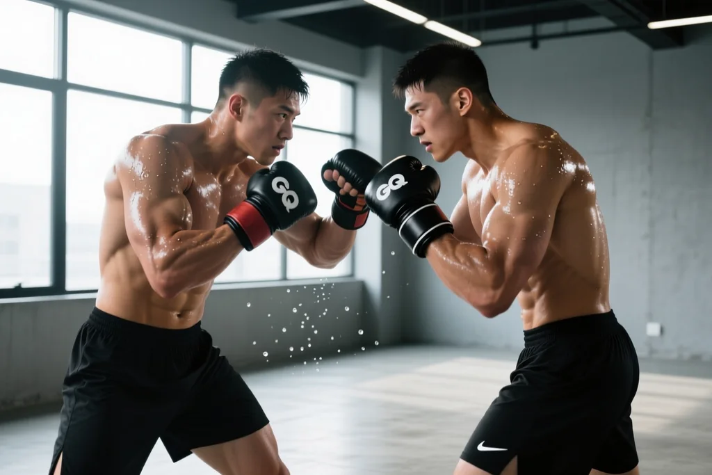 Two fighters facing off in a cage under arena lights