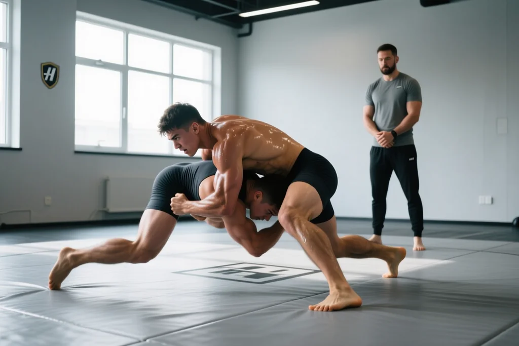 Two fighters in a wrestling exchange against the cage